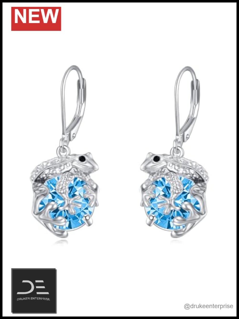 925 Sterling Silver Frog Earrings with Blue Topaz - Leverback Drop Earrings for